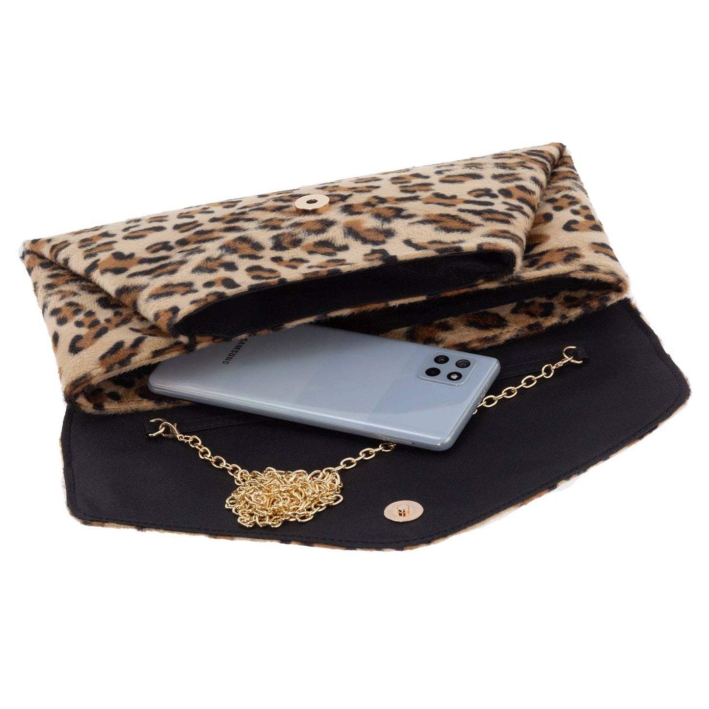 JNBFASHION.COM - Faux Fur Leopard Print Double Pocket Clutch