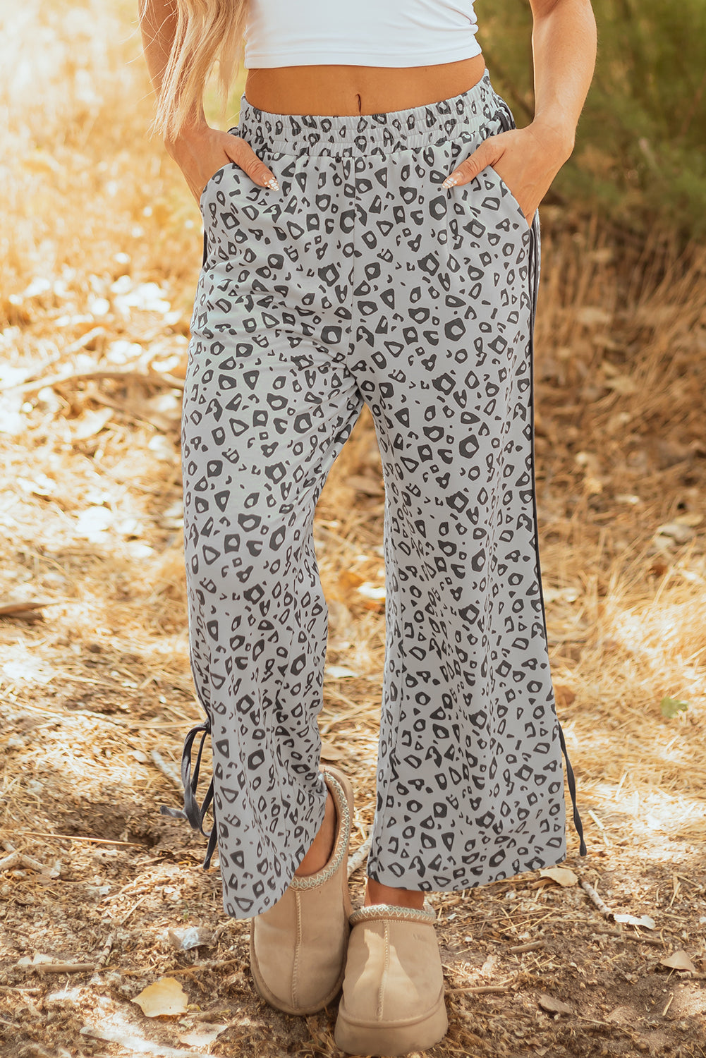 Gray Leopard Side Bow Straight Leg (SHIPS IN 1-2 WEEKS)