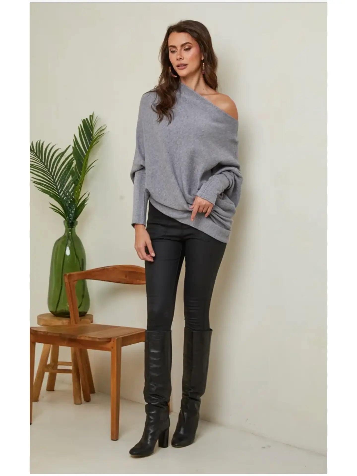 The Kailey Cashmere Blend Asymmetrical Sweater, Grey (SHIPS IN 3-4 WEEKS)