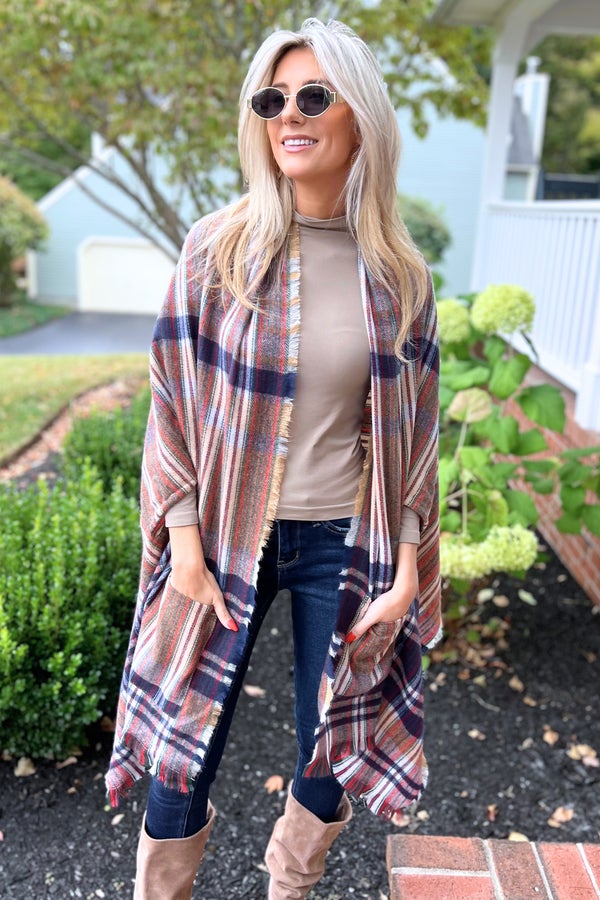 Tartan Check/Plaid Poncho Cape, Navy