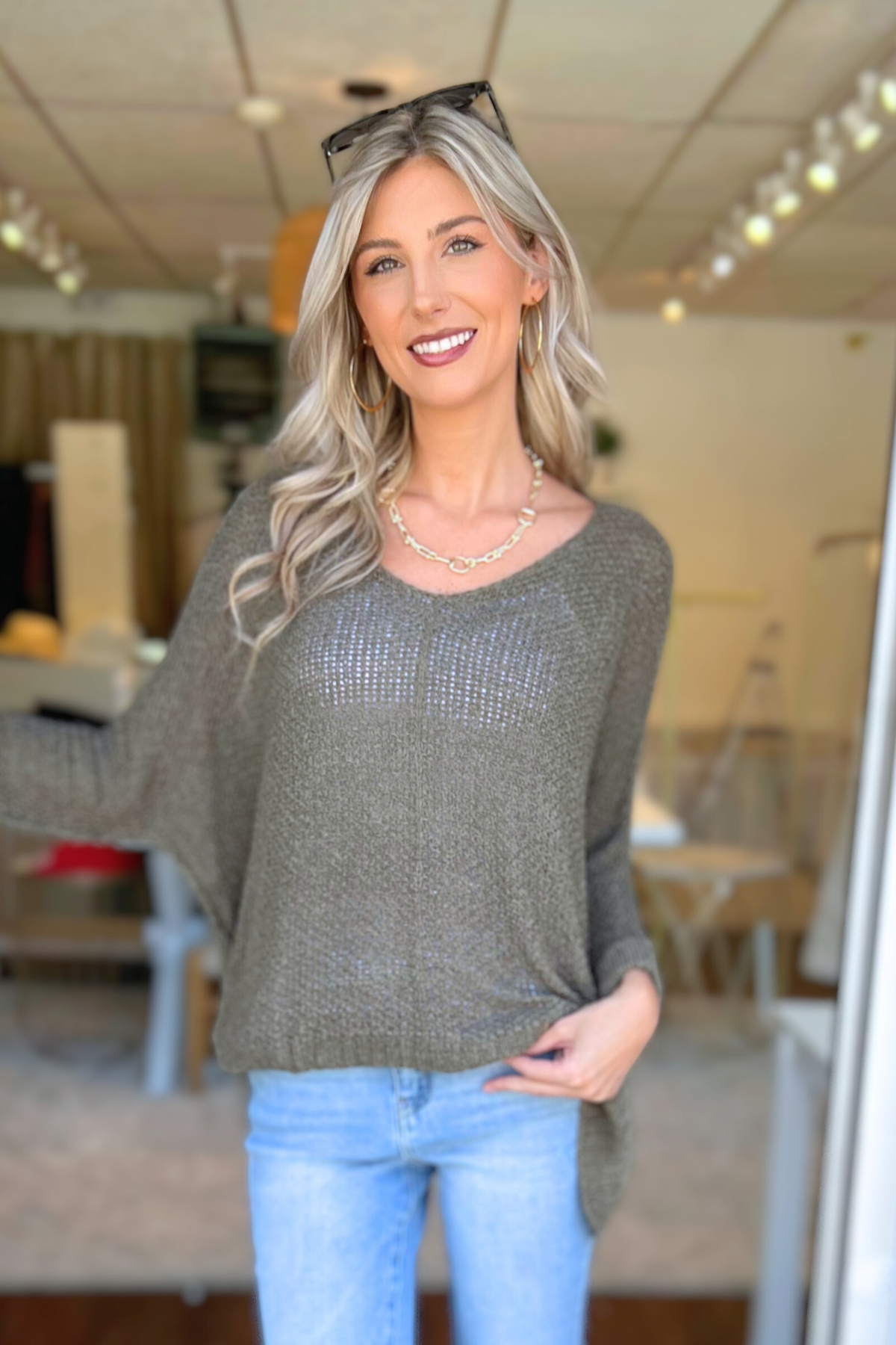 ADORA - Loose Fit V-Neck Boyfriend Sweater, Olive