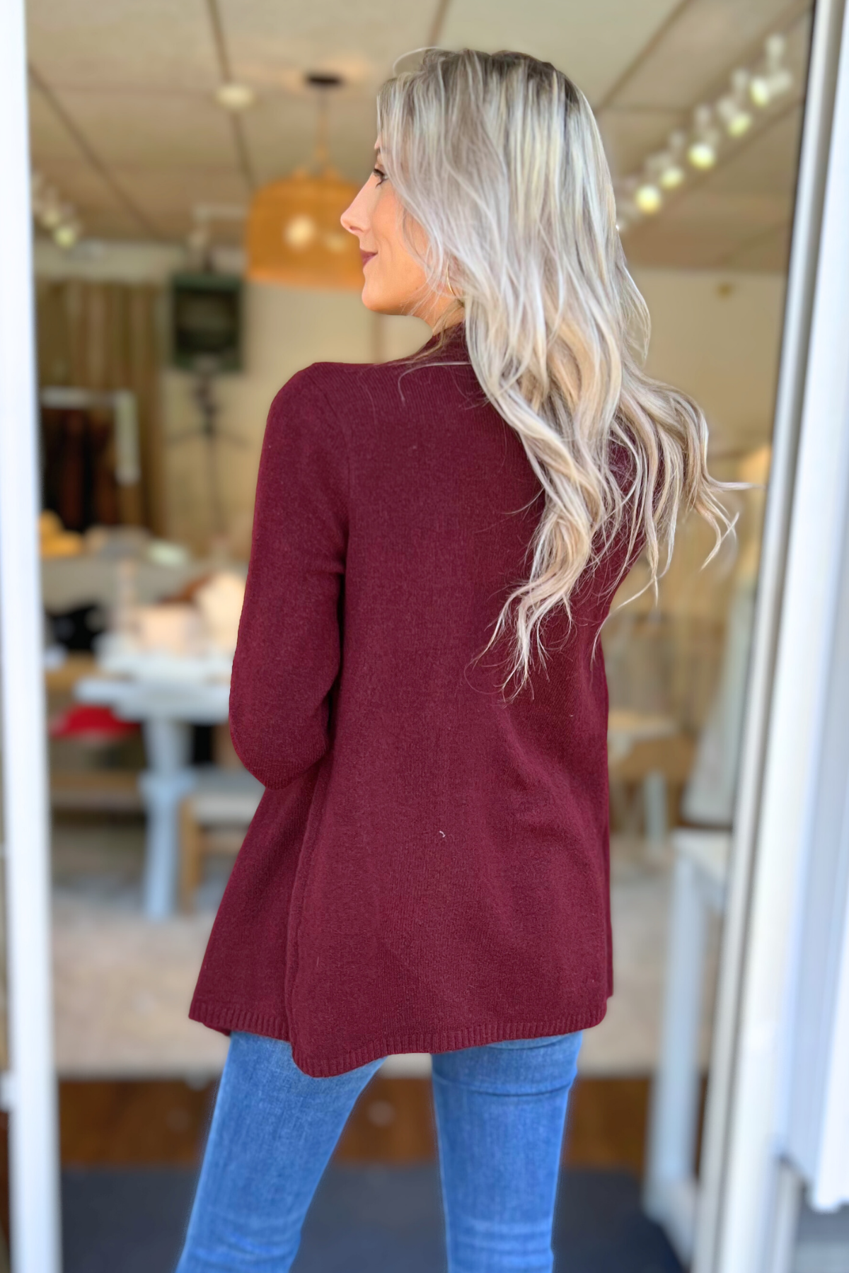 Mak - Long Sleeve Open Front Draped Sweater Cardigan, Burgundy