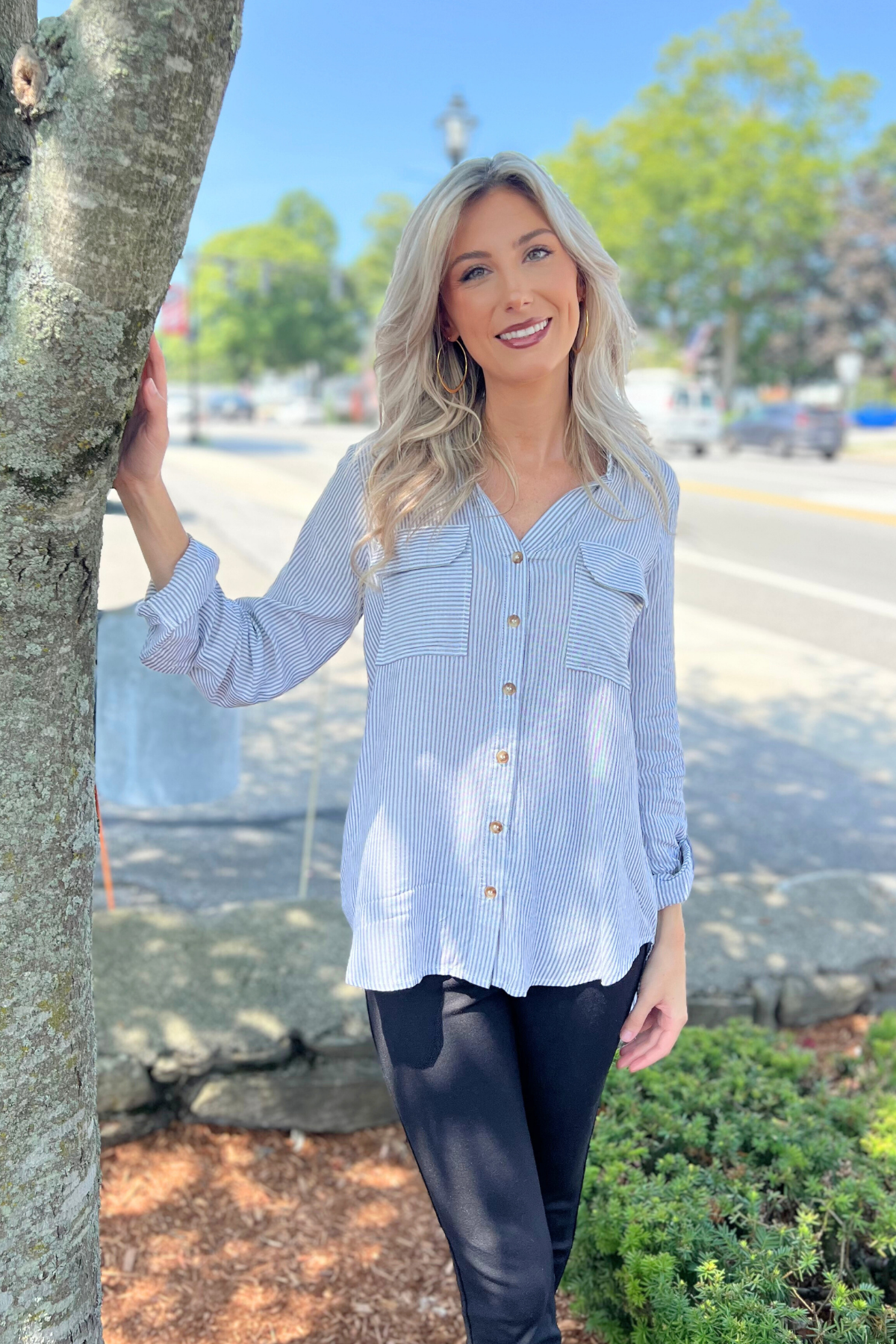 Blu Pepper - STRIPED COLLARED BUTTON DOWN WITH POCKETS