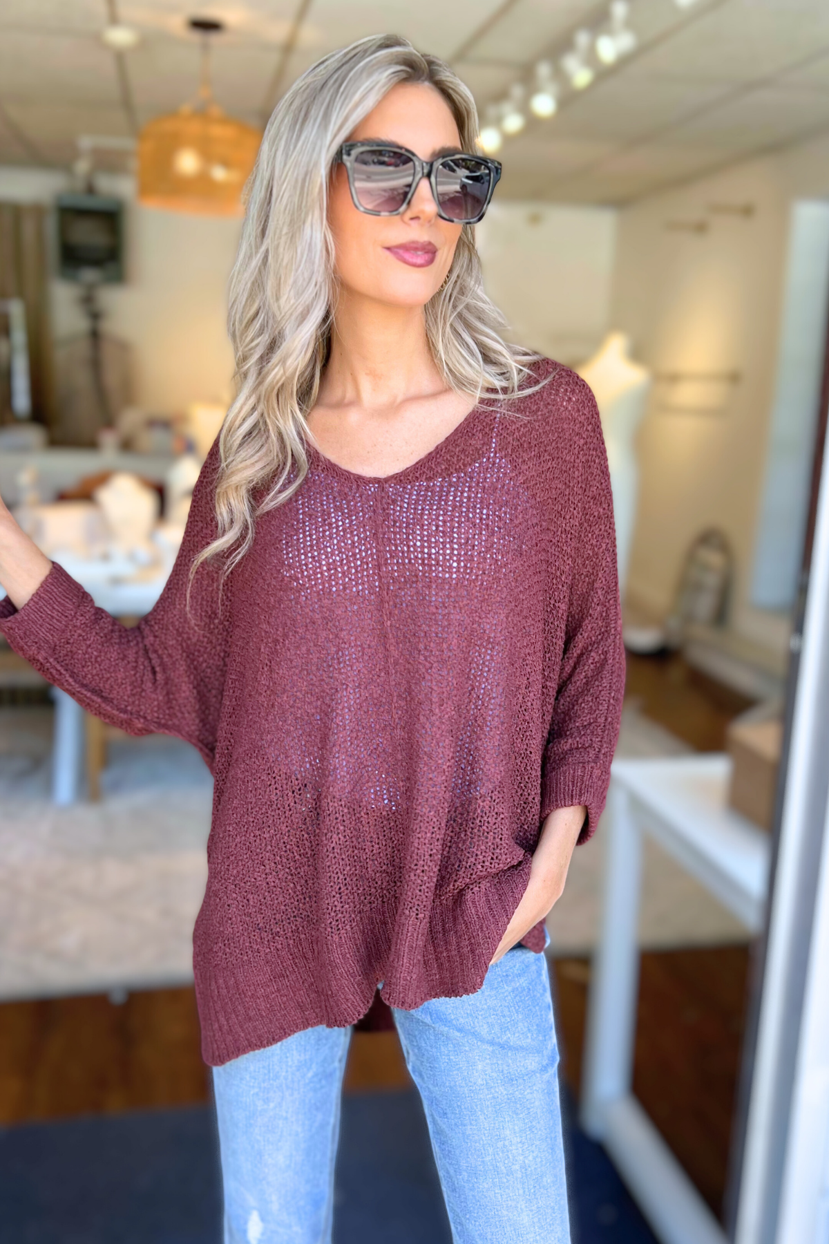 ADORA - Loose Fit V-Neck Boyfriend Sweater, Burgundy