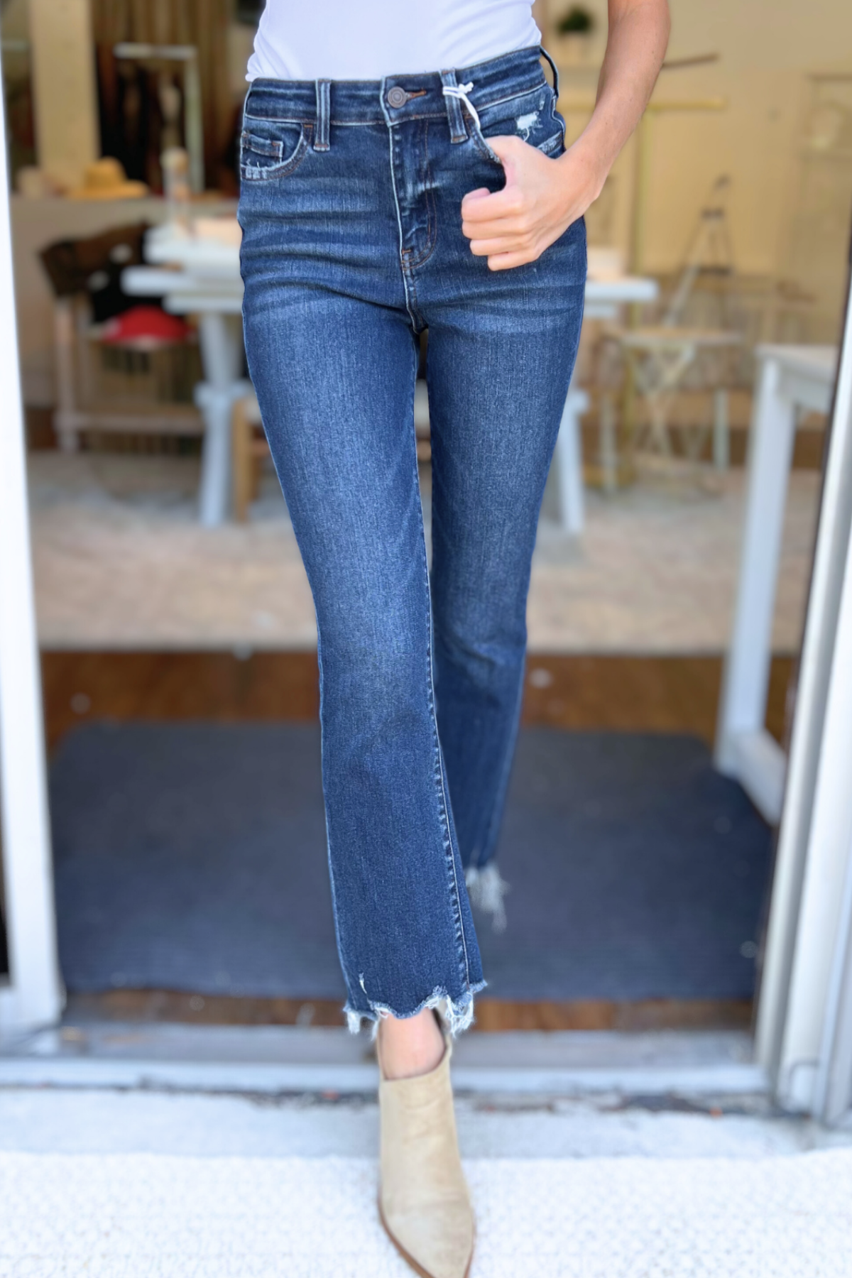 VERVET by FLYING MONKEY - HIGH RISE FRAYED HEM KICK FLARE JEANS T5414