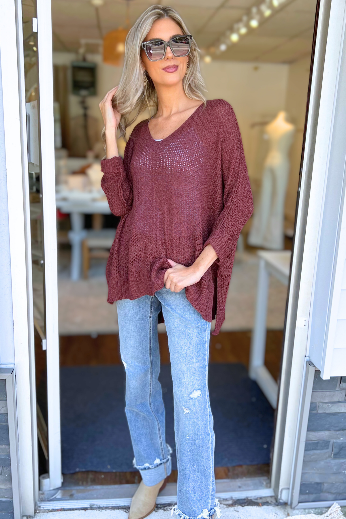 ADORA - Loose Fit V-Neck Boyfriend Sweater, Burgundy