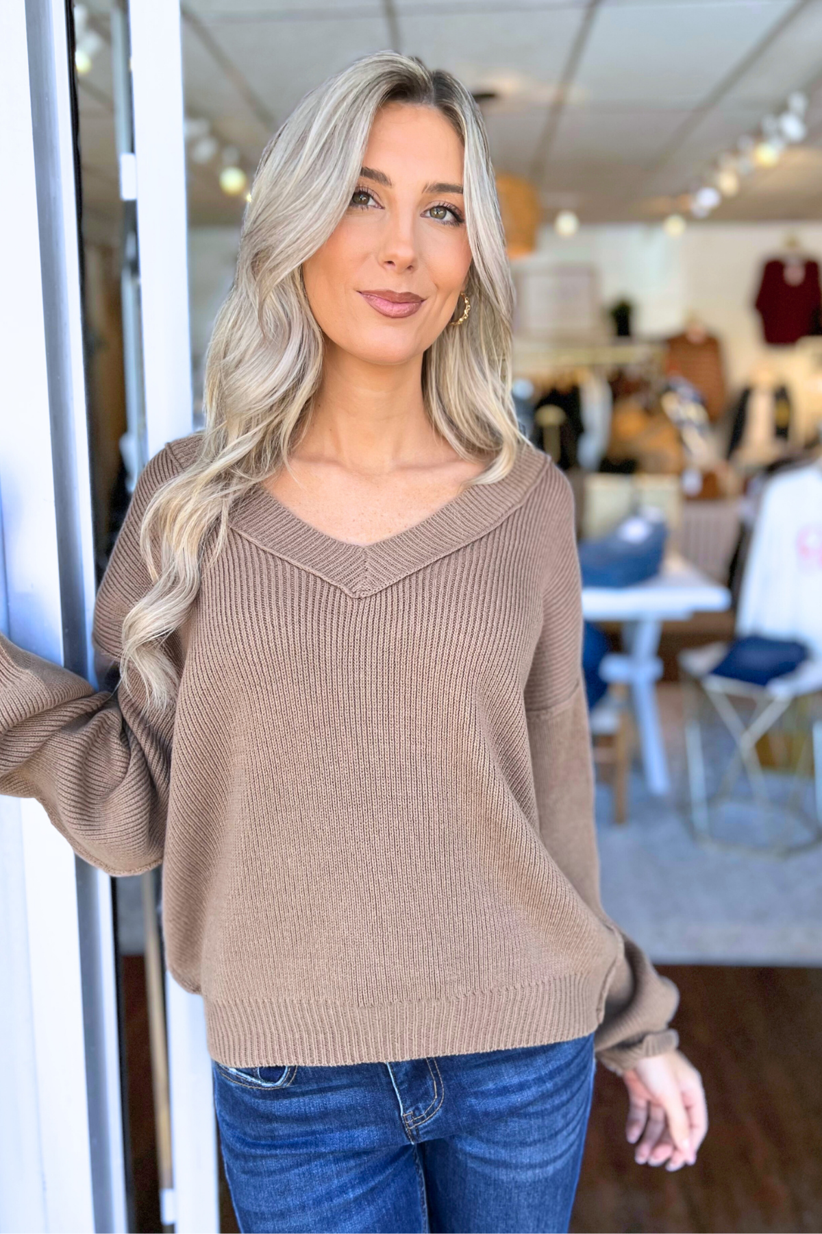 Blu Pepper - Exposed Seam V Neck Pullover Knit Sweater, TAN