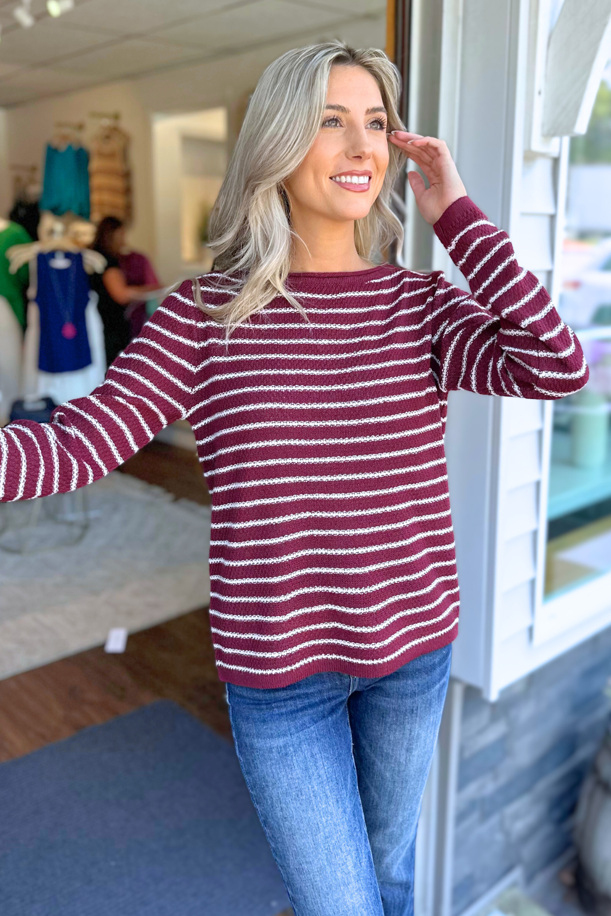 STACCATO - STRIPED WAFFLE SWEATER : BURGUNDY