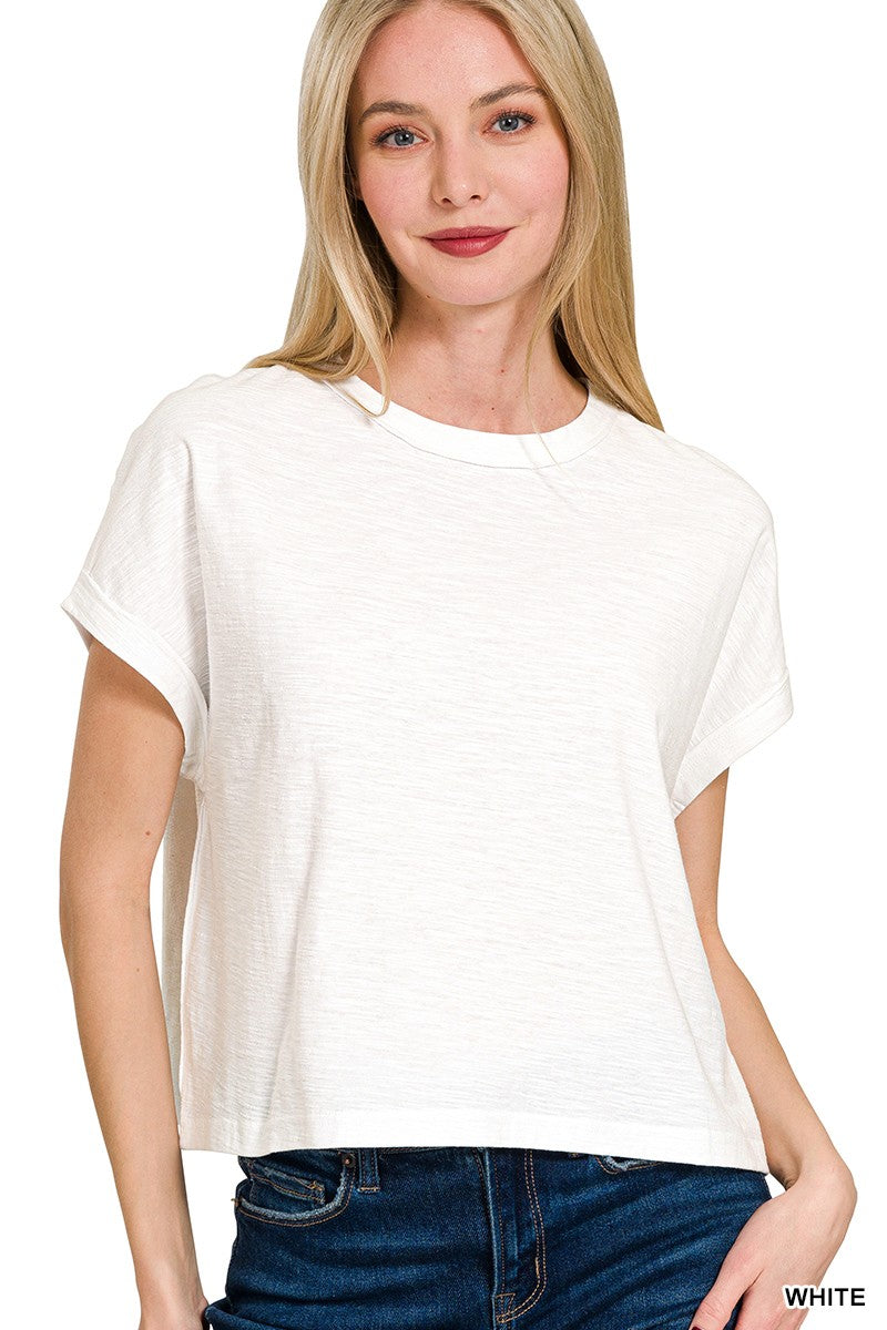 Slub Knit Cropped Cotton Tee, White