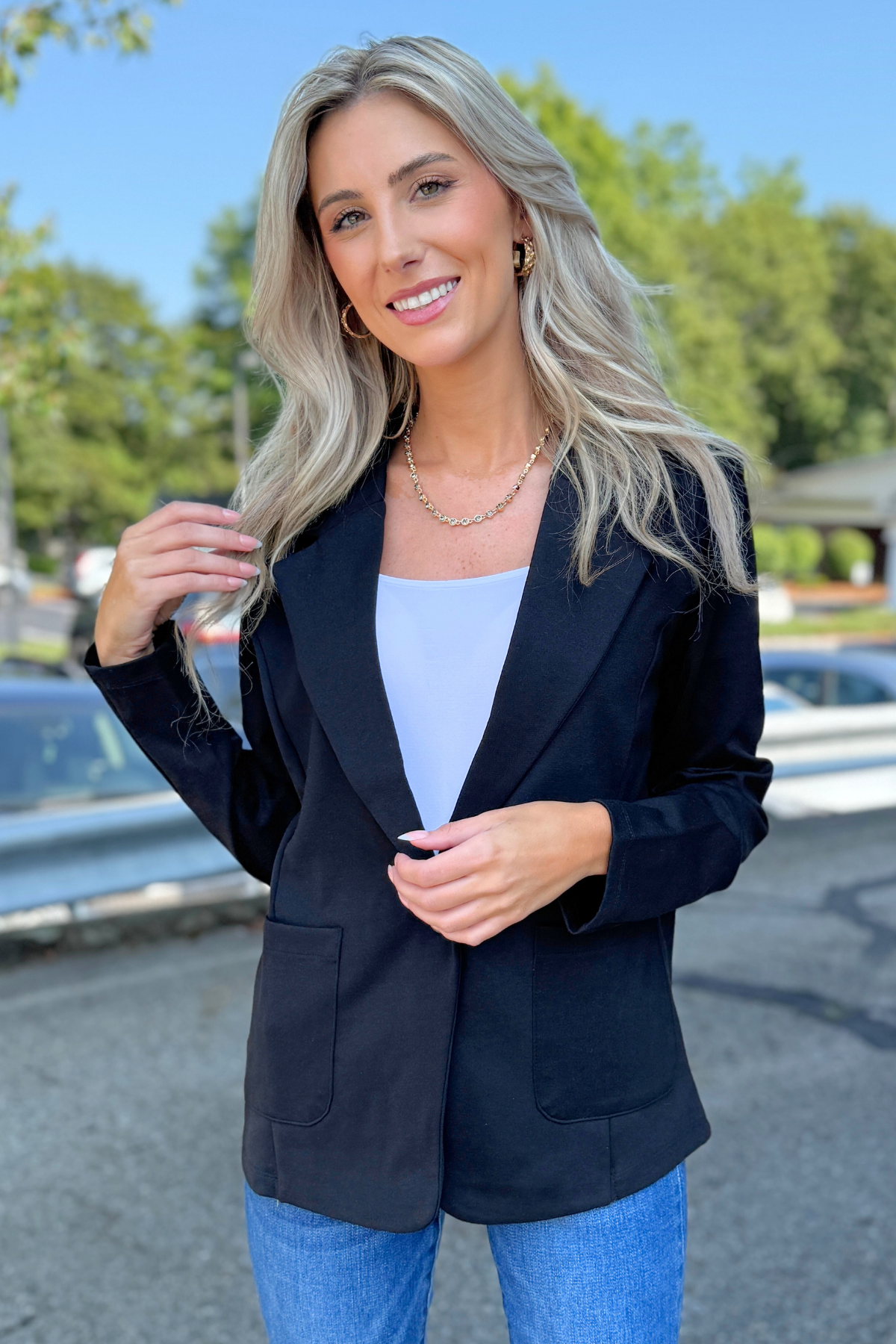 26 International - Ponte One Button Front /w Patch Pocket Blazer, Black