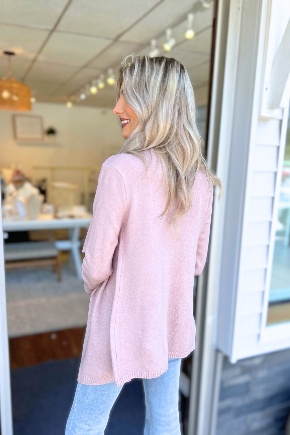 Mak - Long Sleeve Open Front Draped Sweater Cardigan, Mauve