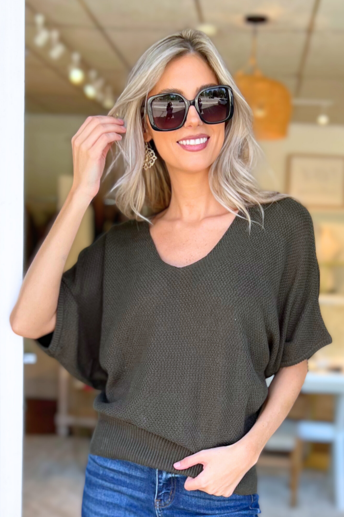 V-Neck Short Sleeve Dolman Sweater by Zenana, Dk Olive