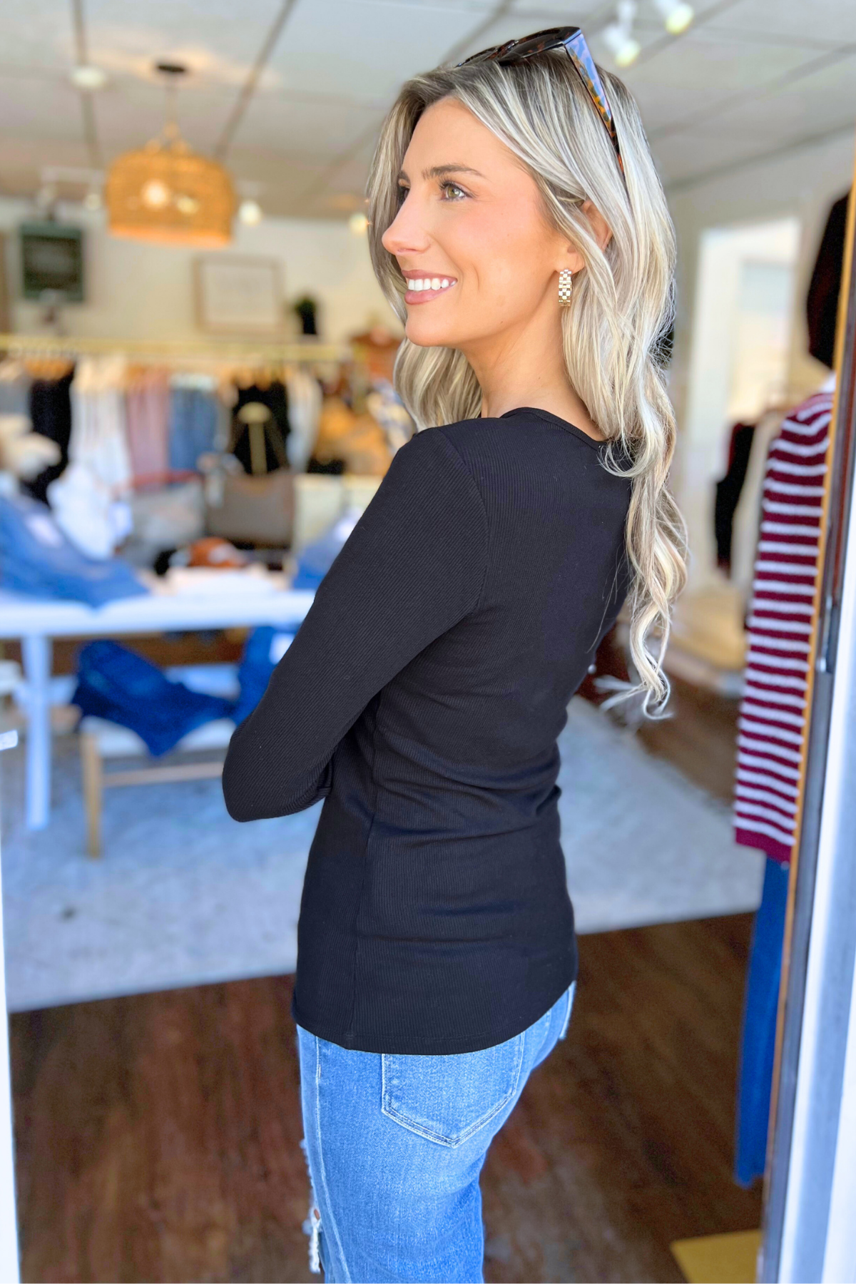 Pure Comfort Viscose Ribbed Long Sleeve Top, Black (SHIPS IN 2-3 WEEKS)