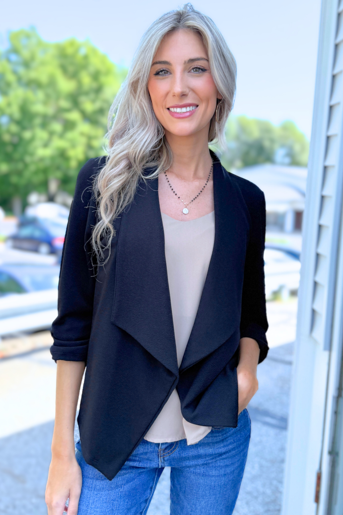 MOA COLLECTION - Casual Open Front Draped Solid Blazer Jacket, Black (SHIPS IN 2-3 WEEKS)