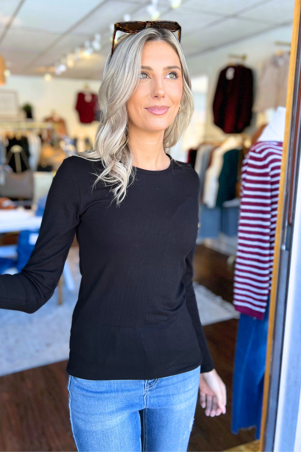 Pure Comfort Viscose Ribbed Long Sleeve Top, Black (SHIPS IN 2-3 WEEKS)