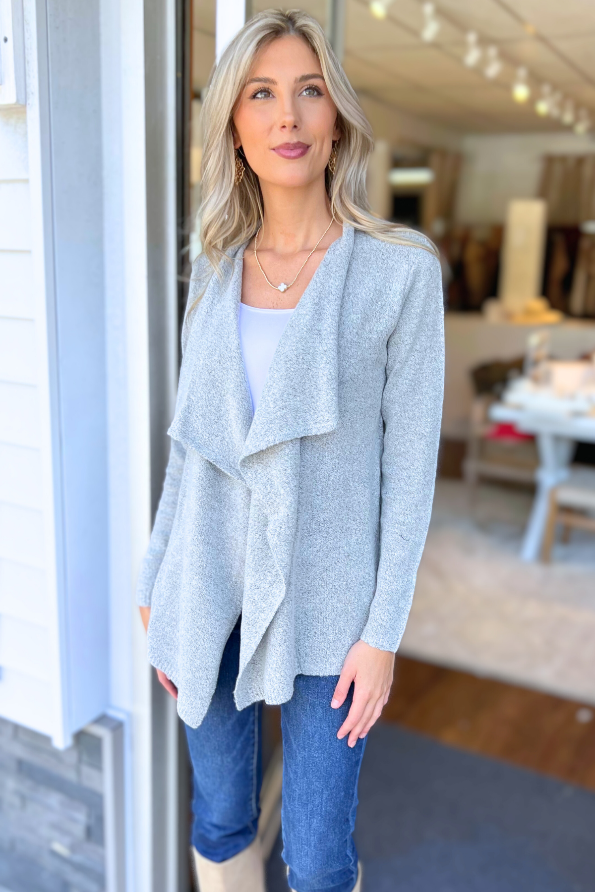 Mak - Long Sleeve Open Front Draped Sweater Cardigan, Grey