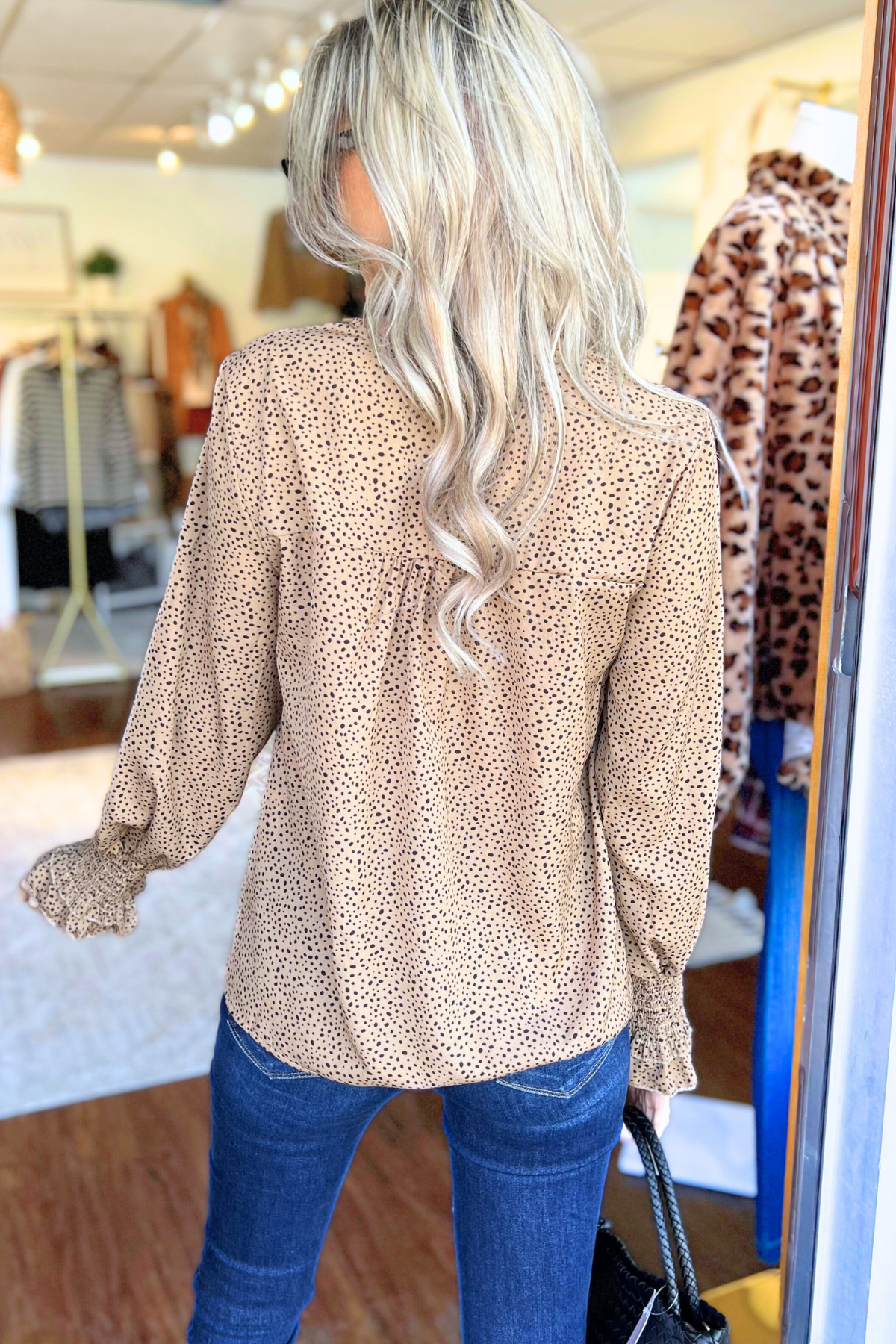 V-Neck Dalmatian Print Bishop Sleeve Blouse