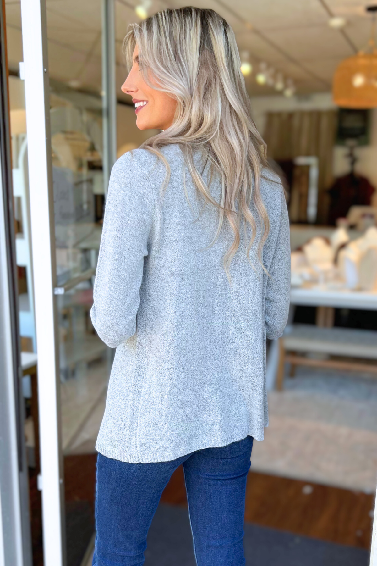 Mak - Long Sleeve Open Front Draped Sweater Cardigan, Grey