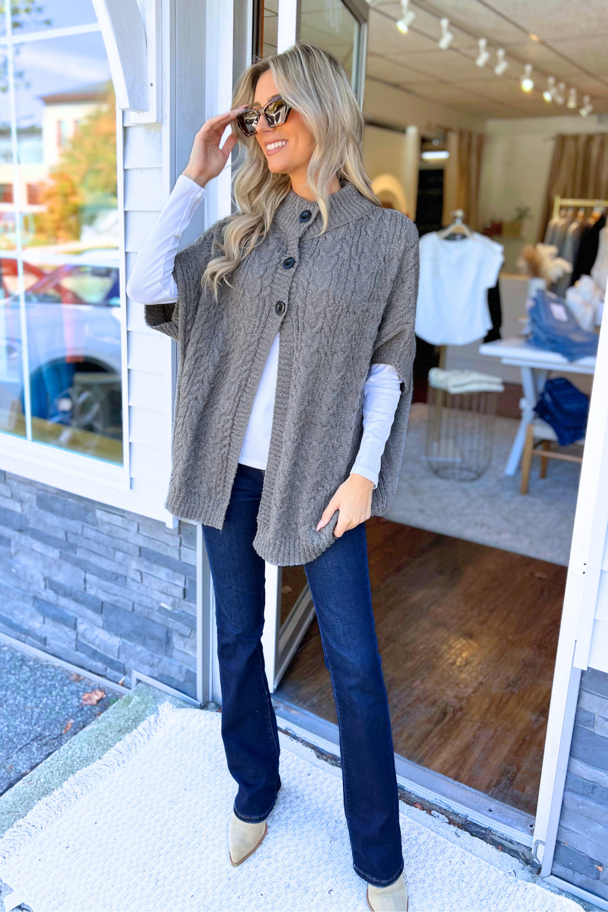 Button Front Cardigan/Poncho, Charcoal (SHIPS IN 2-3 WEEKS)