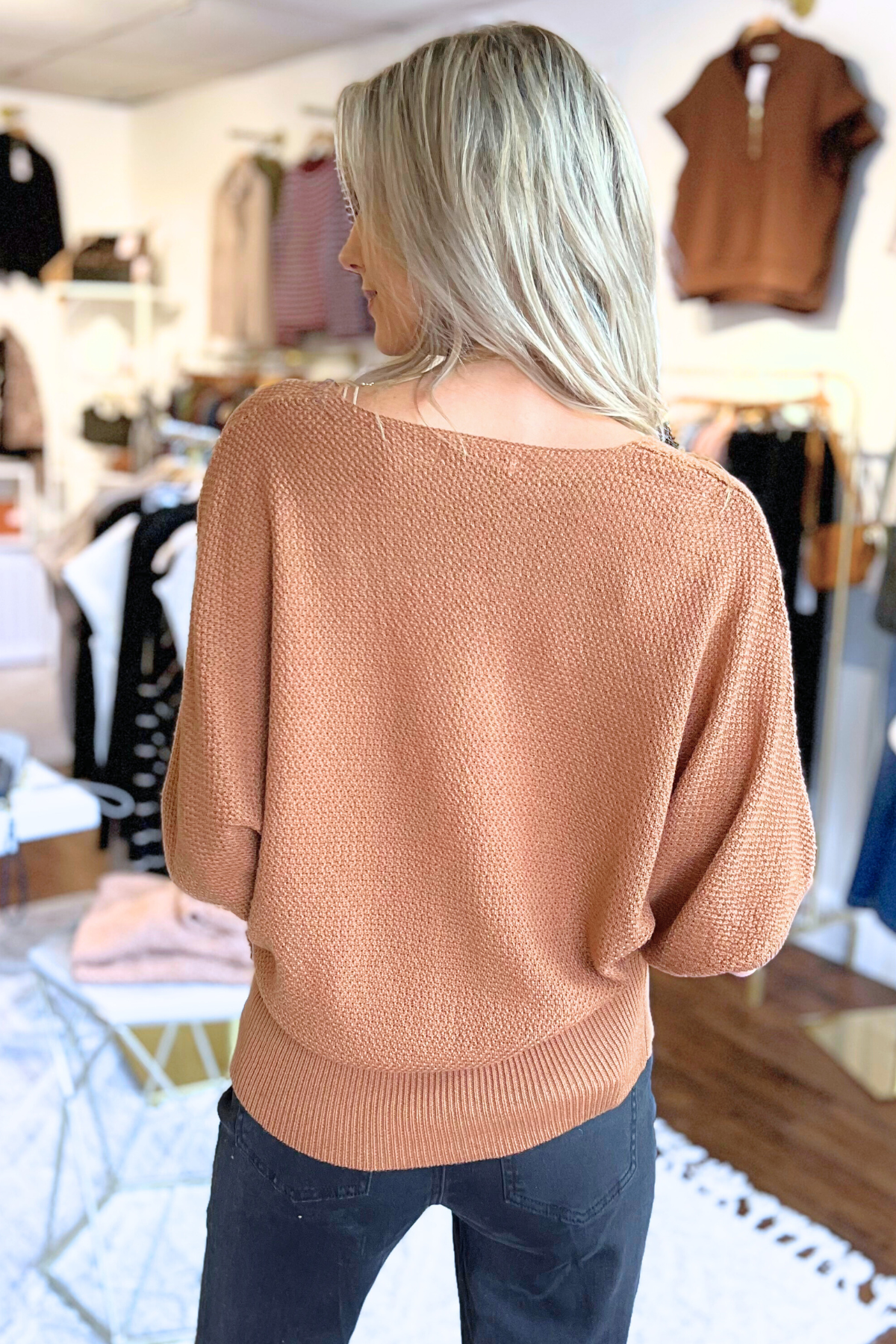 V-Neck Short Sleeve Dolman Sweater by Zenana, Deep Camel