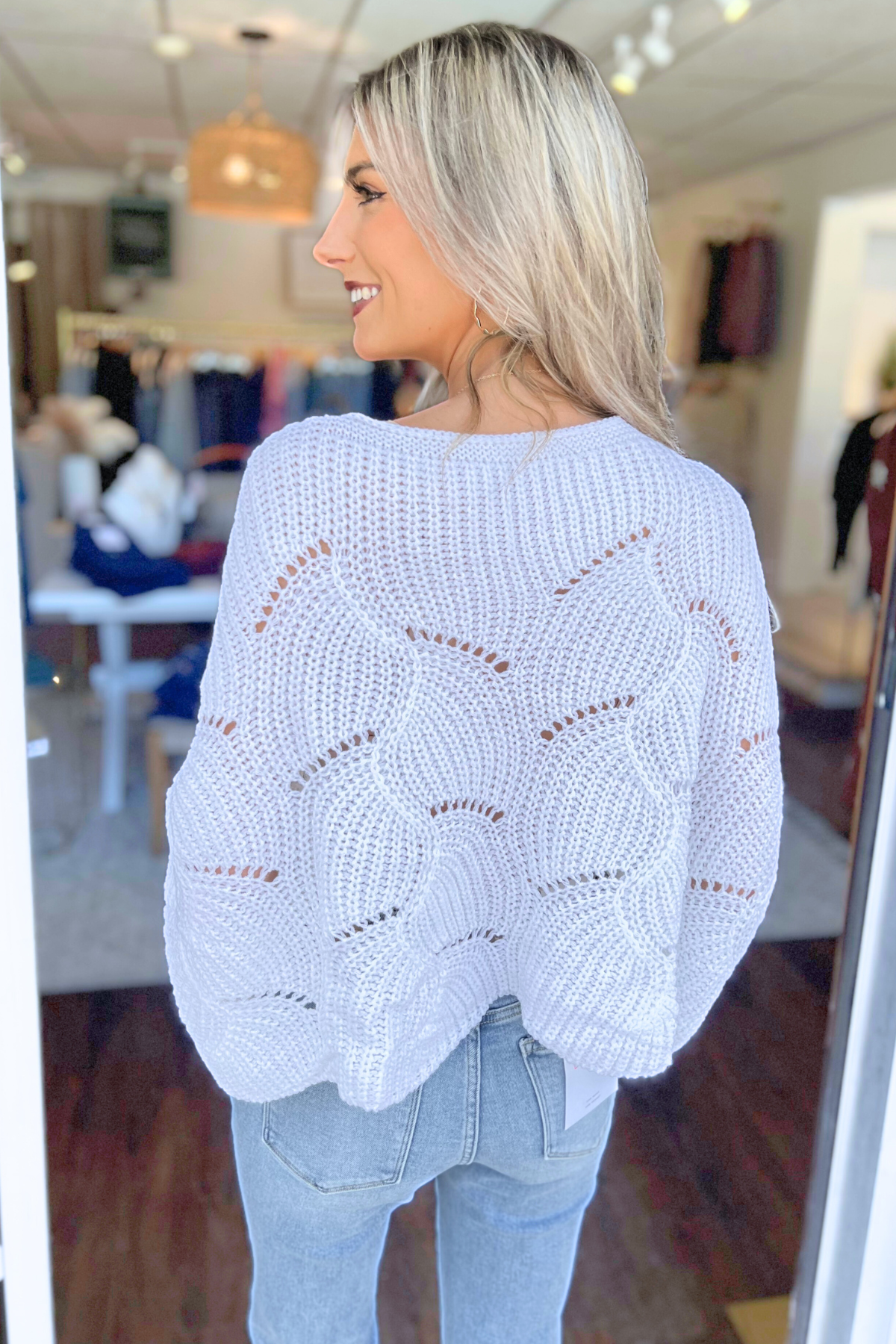 Open Knit Loose Knit Dolman Sweater, White (SHIPS IN 1-2 WEEKS)