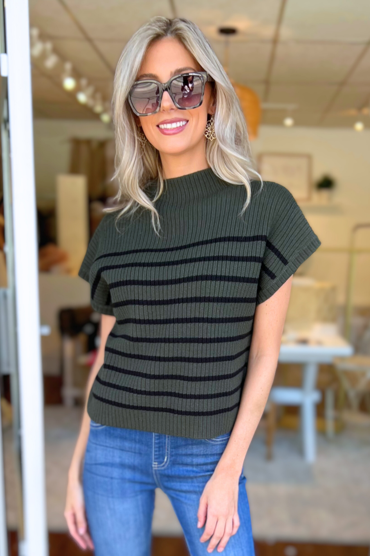 Blu Pepper - STRIPE MOCK NECK SHORT SLEEVE KNIT SWEATER