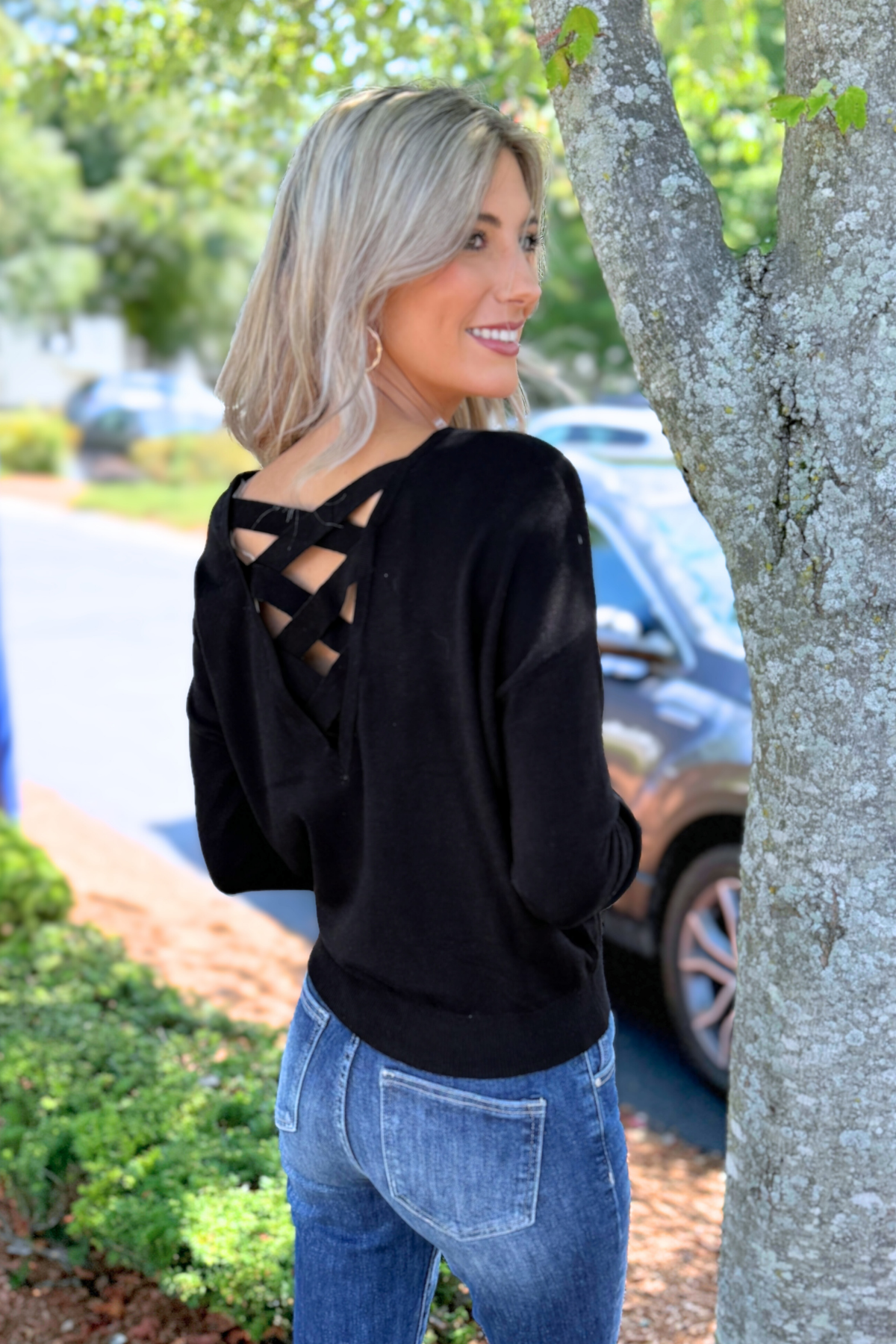 Active Basic | Active USA - Long Sleeve V-neck Back Cross Strap Viscose Sweater, Black