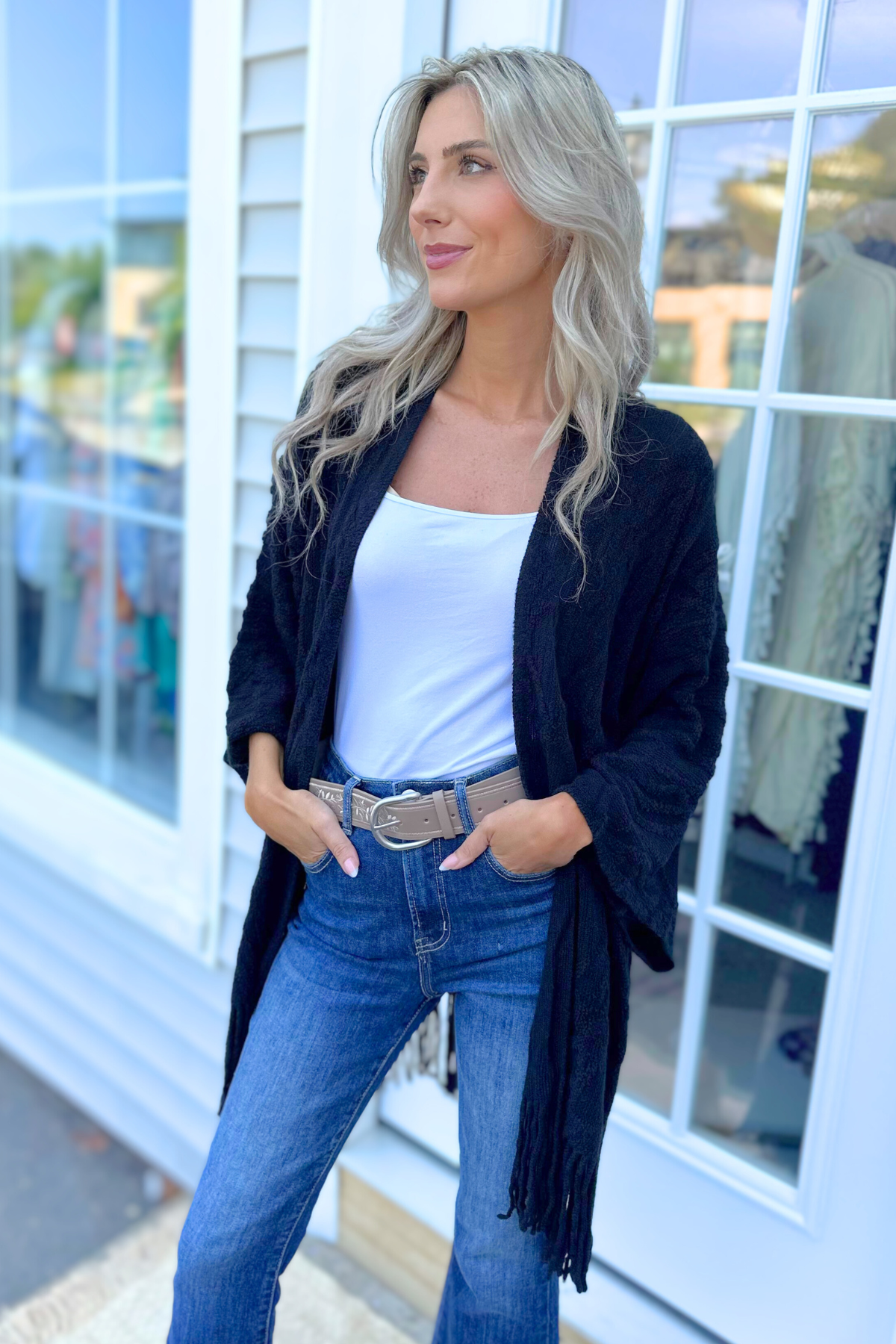 Fringe Trim Crochet Draped Shawl Wrap Cardigan, Black (SHIPS IN 1-2 WEEKS)