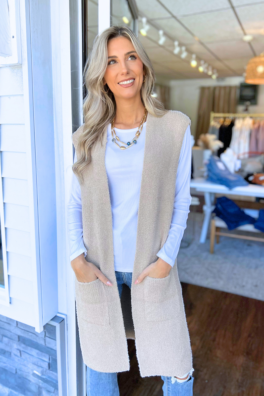 Comfy Luxe Open Front Vest, Beige (SHIPS IN 2-3 WEEKS)
