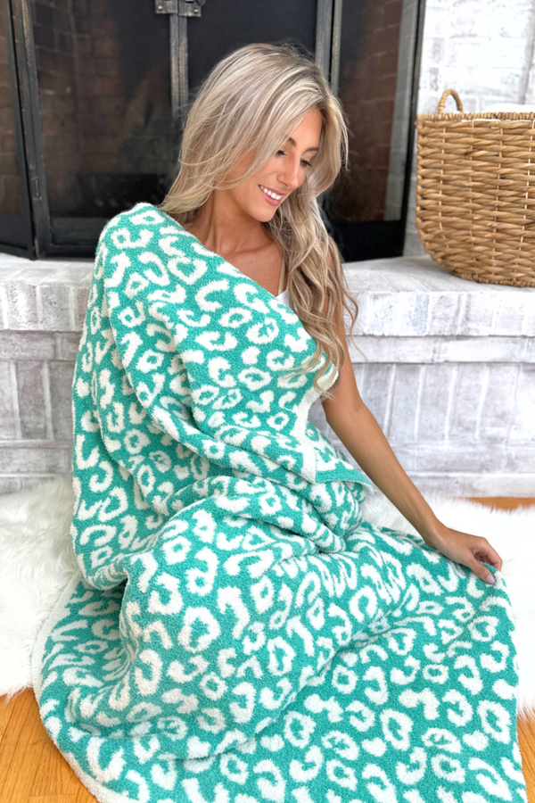 Comfy Luxe Solid Knit Blanket, OG Leo Print, Mint (SHIPS IN 1-2 WEEKS)