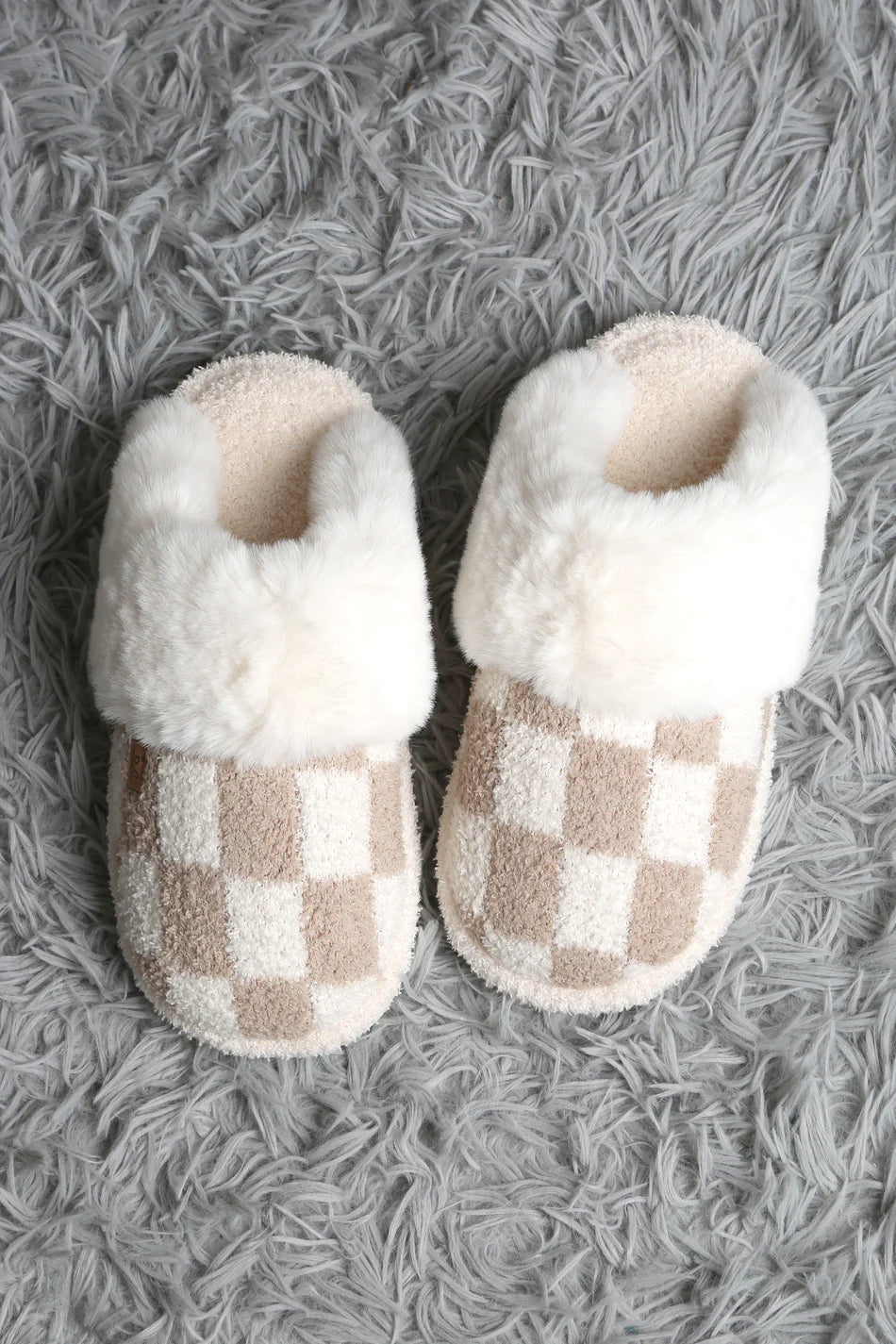 Comfy Luxe, Faux Fur Luxe Soft Mule Slipper, Checks, Beige (SHIPS IN 1-2 WEEKS)
