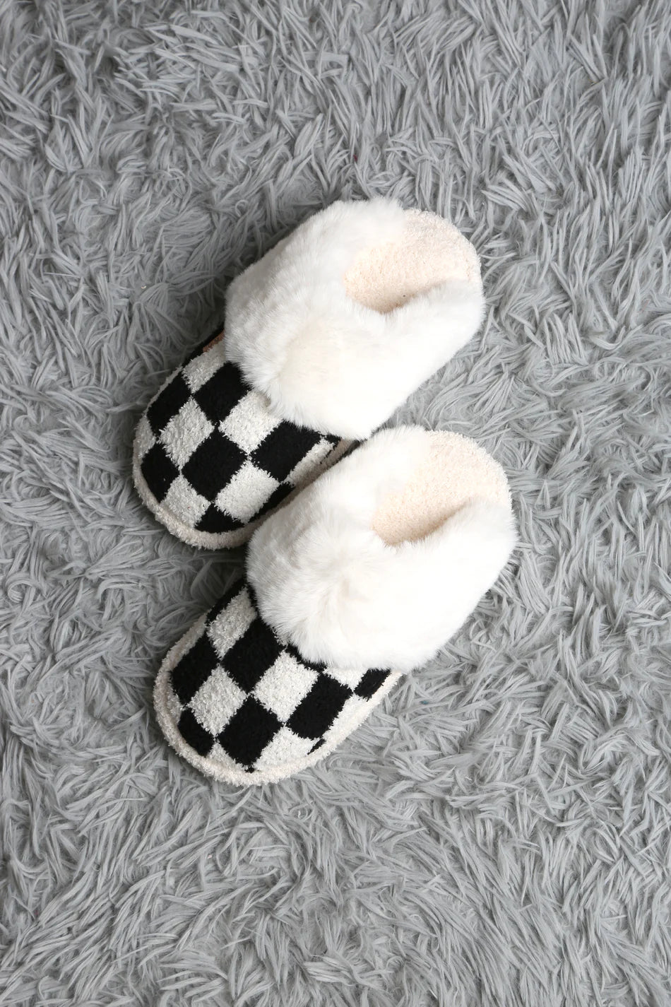 Comfy Luxe, Faux Fur Luxe Soft Mule Slipper, Checks, Black (SHIPS IN 1-2 WEEKS)
