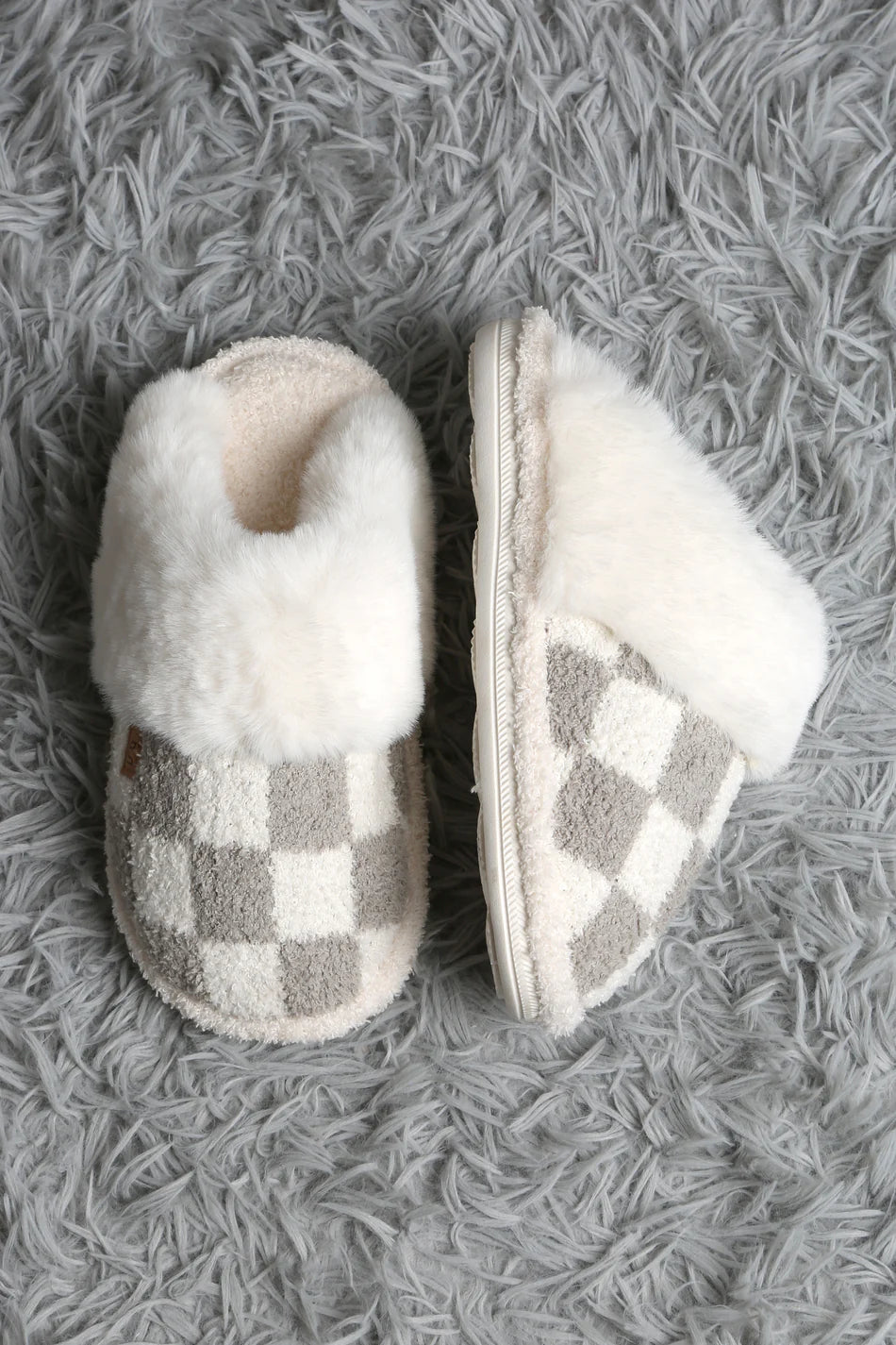 Comfy Luxe, Faux Fur Luxe Soft Mule Slipper, Checks, Grey (SHIPS IN 1-2 WEEKS)