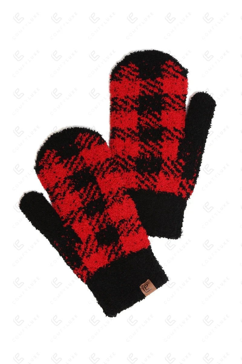 Comfy Luxe Buff Check Mittens, Red or White