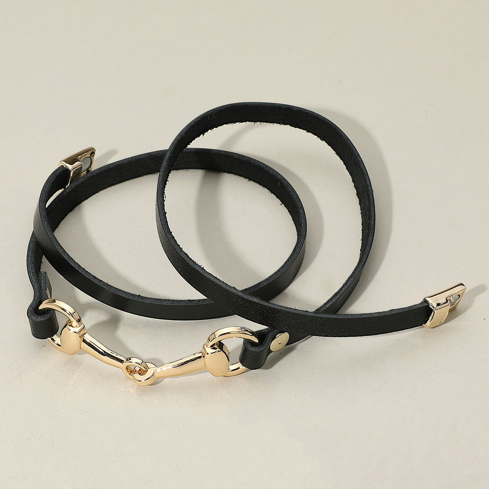 Horsebit Leather Wrap Magnetic Bracelet, Black (Silver or Gold)