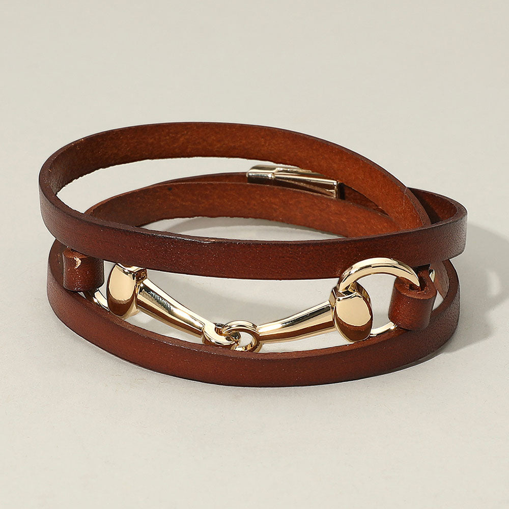 Horsebit Leather Wrap Magnetic Bracelet, Brown (Silver or Gold)