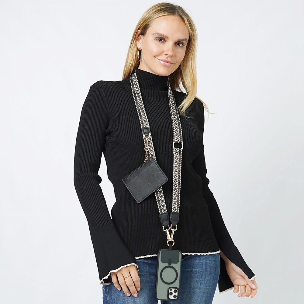 Chevron Clip and Go Carry Phone Strap with Pouch, Black Chevron