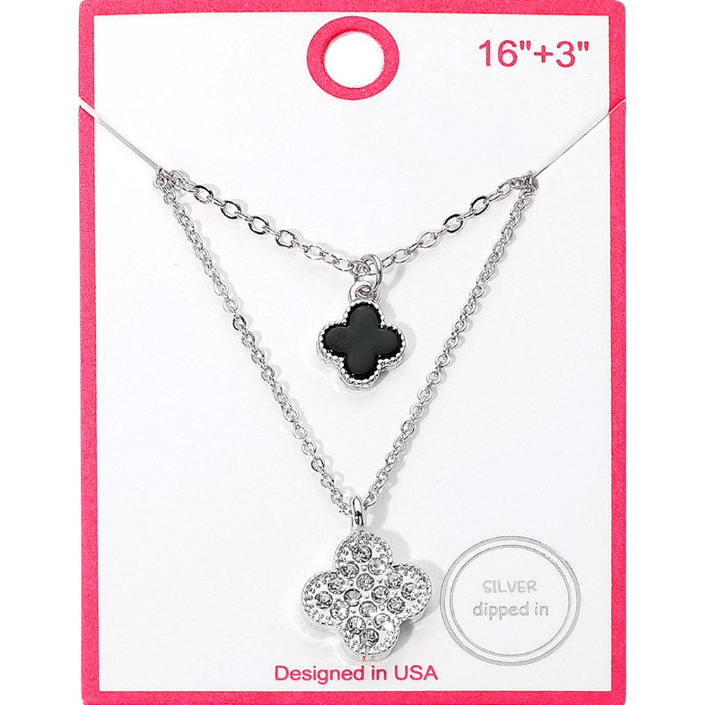 Sterling Silver Dipped CZ Accent Clover Pendant Layered Necklace, Black