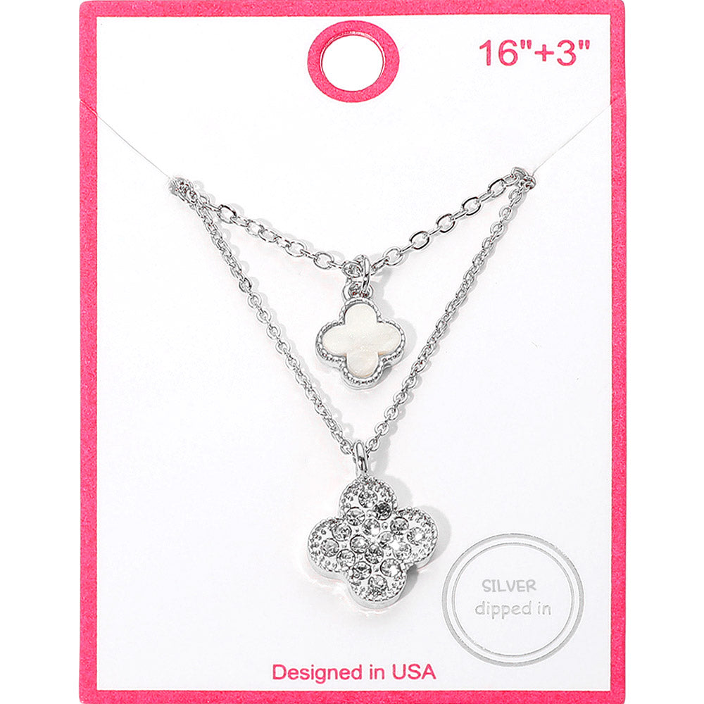 Sterling Silver Dipped CZ Accent Clover Pendant Layered Necklace, White
