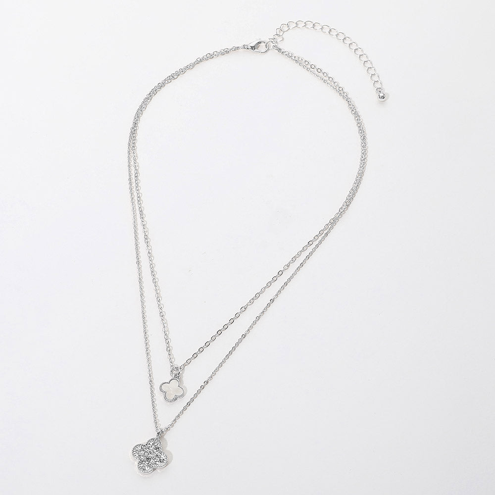 Sterling Silver Dipped CZ Accent Clover Pendant Layered Necklace, White