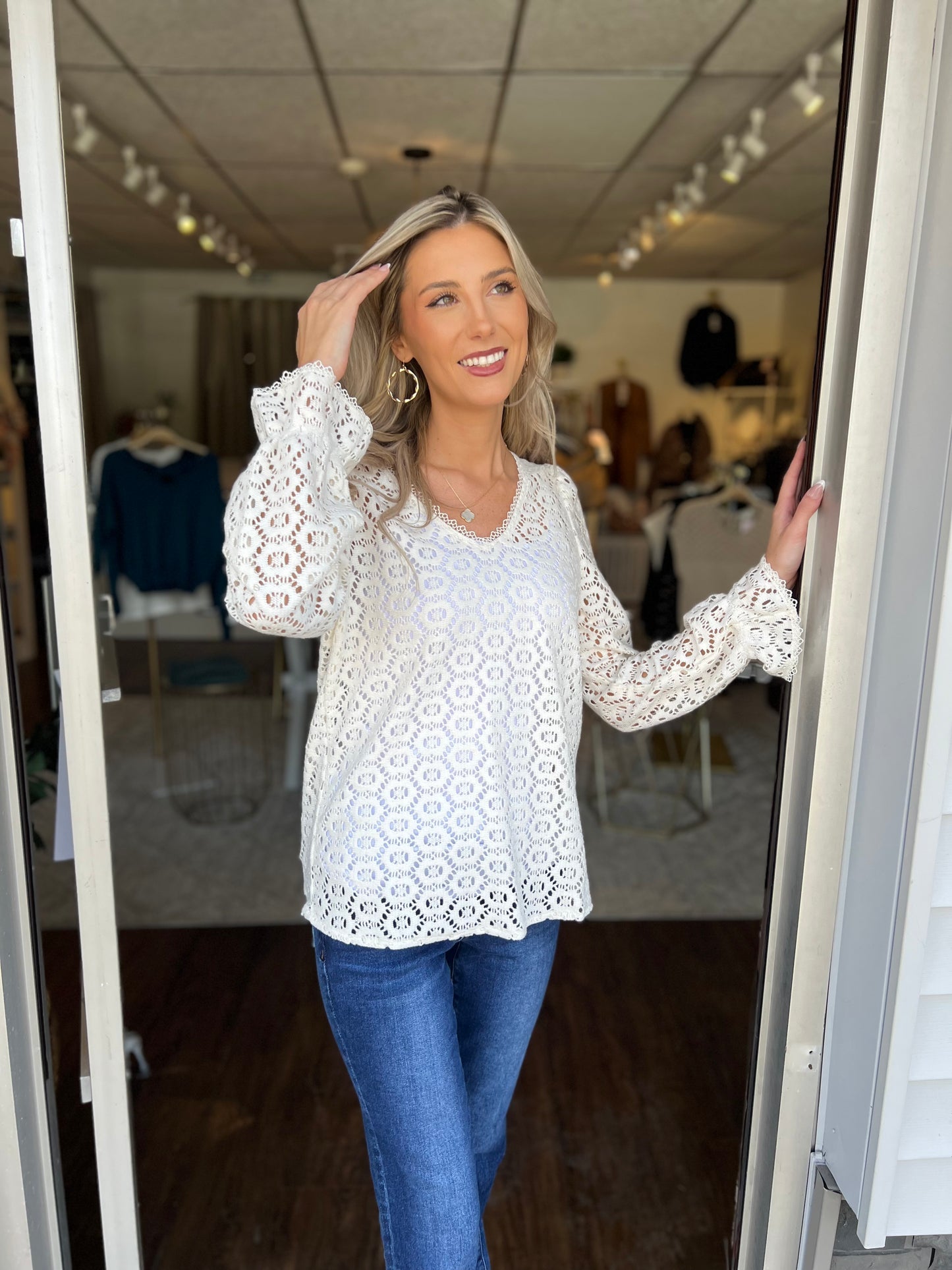 Flower Lace V-Neck Ruffled Top, Ivory