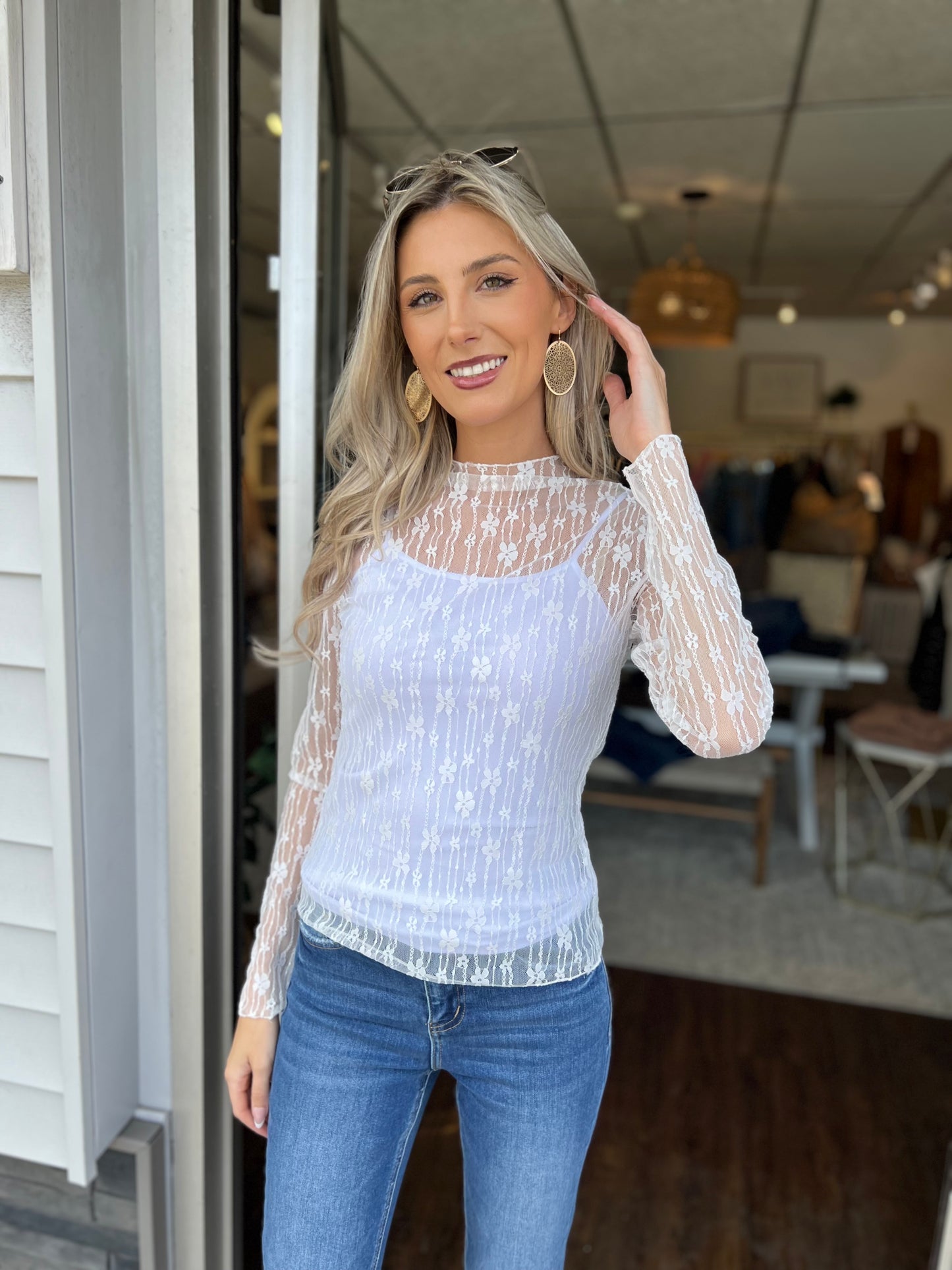 Floral Lace Patchwork Long Sleeve High Neck Top, White