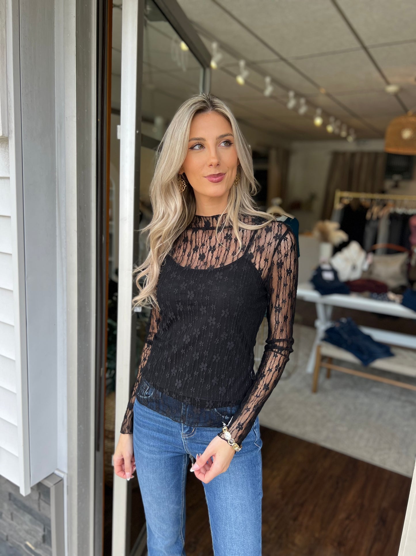 Floral Lace Patchwork Long Sleeve High Neck Top, Black