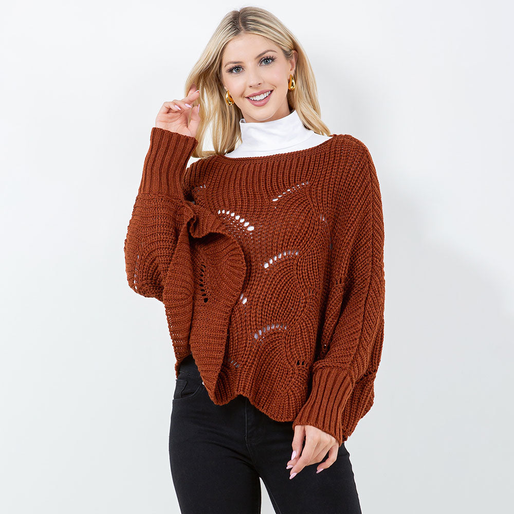 Open Knit Loose Knit Dolman Sweater, Rust (SHIPS IN 1-2 WEEKS)