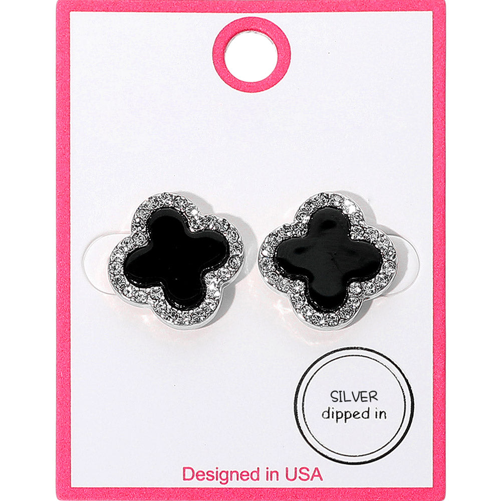 Sterling Silver Dipped CZ Accent Clover Stud, Black
