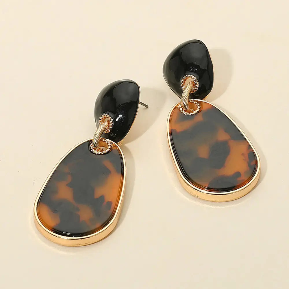 Tortoise Patterned Teardrop Link Drop Earrings, Dk Brown/Gold