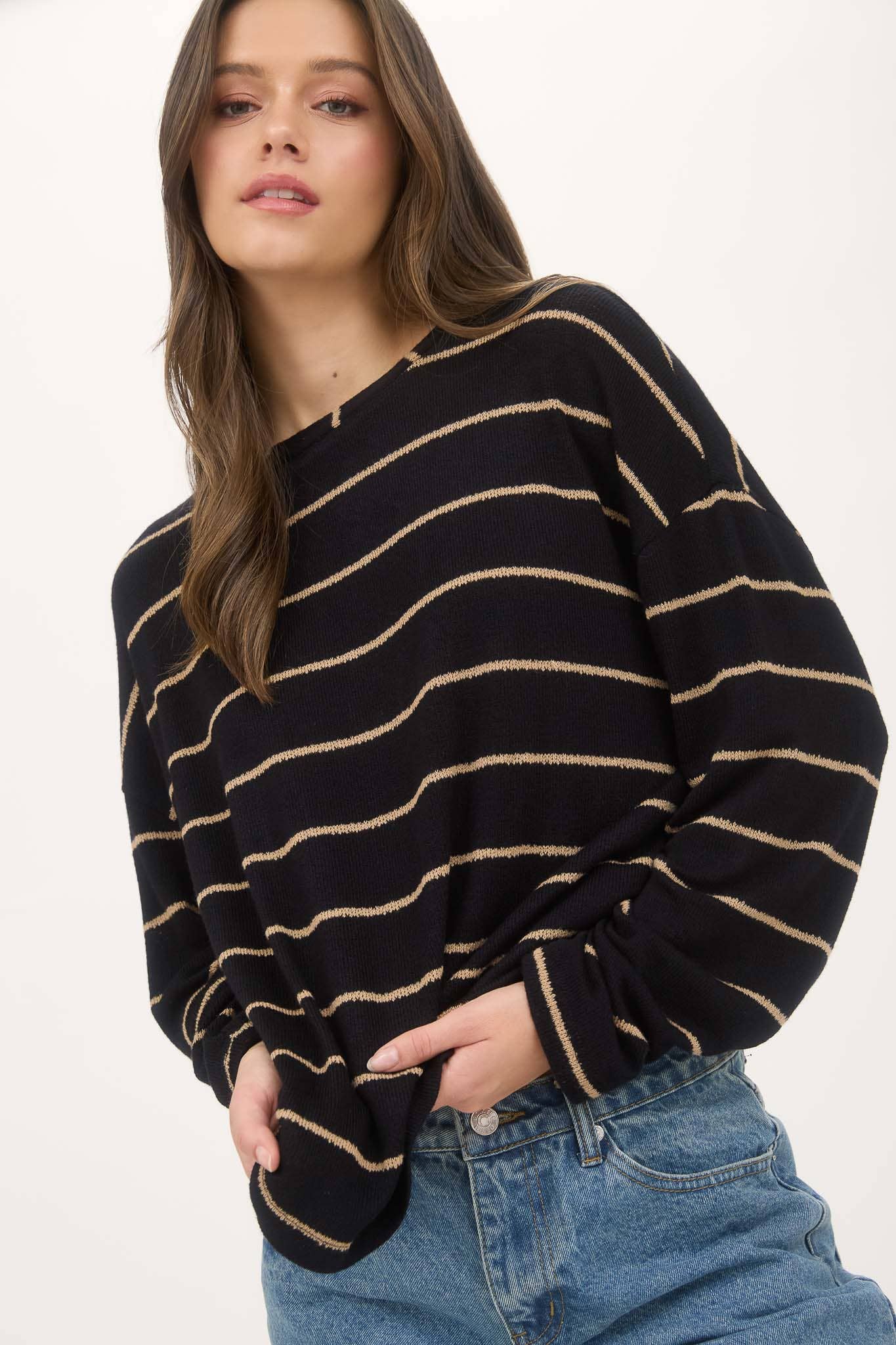Blu Pepper - STRIPE LONG SLEEVE DROP SHOULDER KNIT TOP (PRE-ORDER)