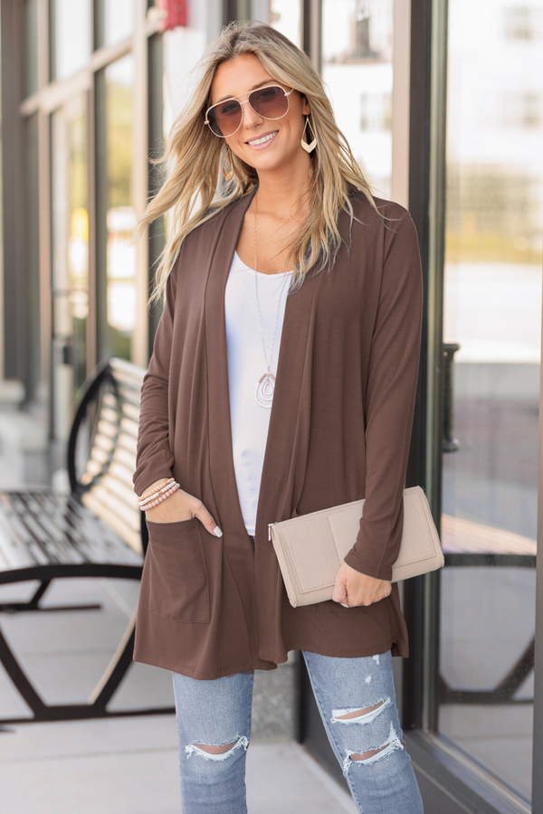 Cozy Night Slouchy Pocket Cardigan, Brown (SHIPS IN 1-2 WEEKS)