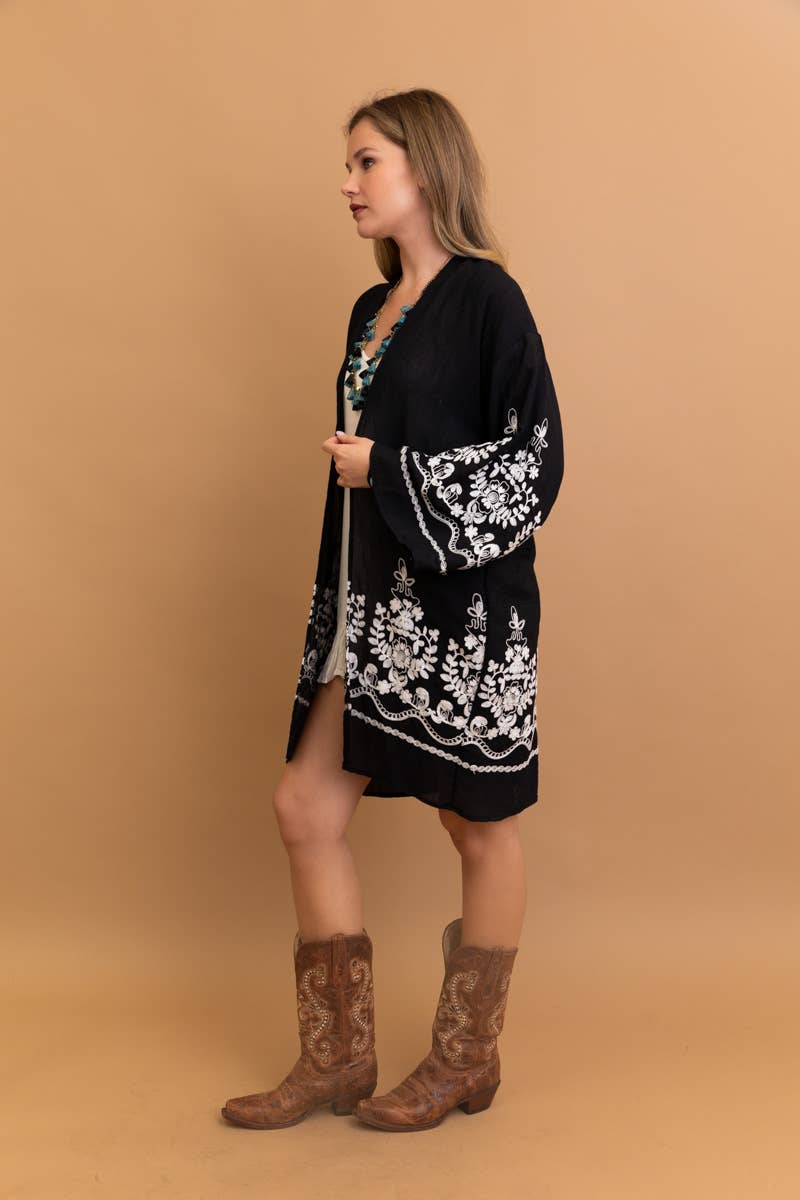 Leto Accessories - Embroidered Floral Vine Lightweight Kimono - Bell Sleeves