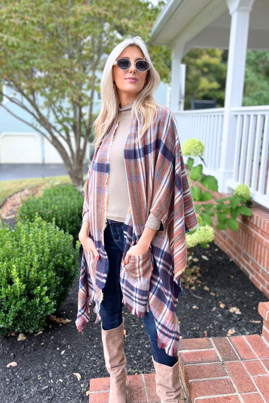 Tartan Check/Plaid Poncho Cape, Navy